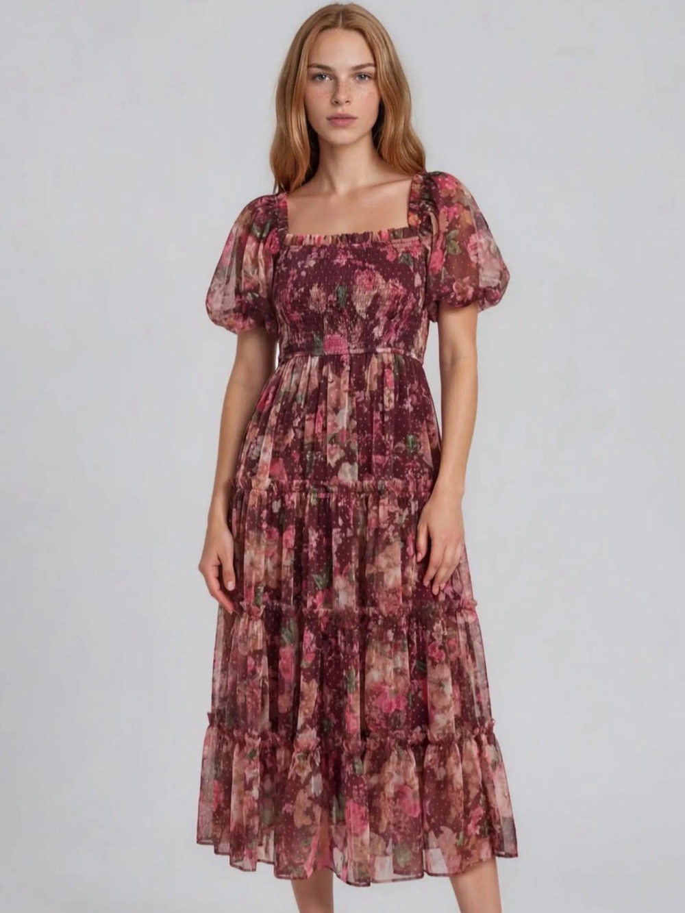 Smocked Square-Neck Midi Dress in Burgundy Floral
